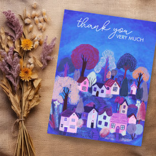 THANK YOU Cute Country Village Illustration Postcard