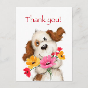 Thank you, cute dog with flowers. postcard