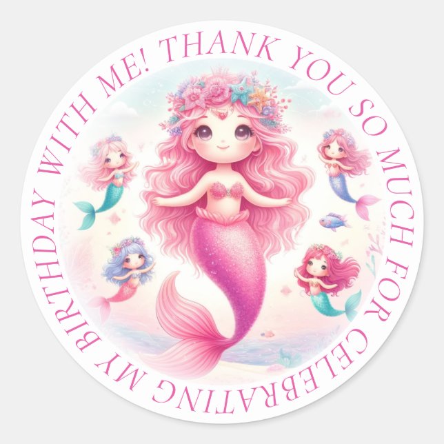 Thank You Cute Pretty Pink Mermaid Classic Round Sticker (Front)