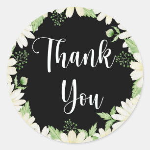 Thank You Daisy Flowers Black  Classic Round Stick Sticker