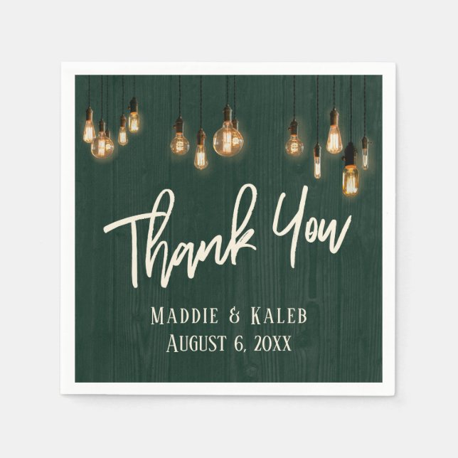 Thank You Dark Green Rustic Wood w/ Edison Lights Napkin (Front)