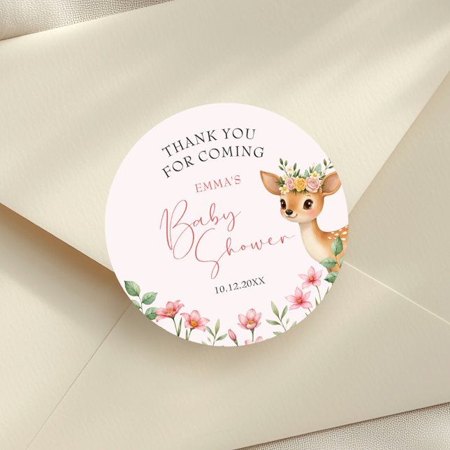 Thank You Deer Floral Baby Shower Classic Round Sticker (Creator Uploaded)