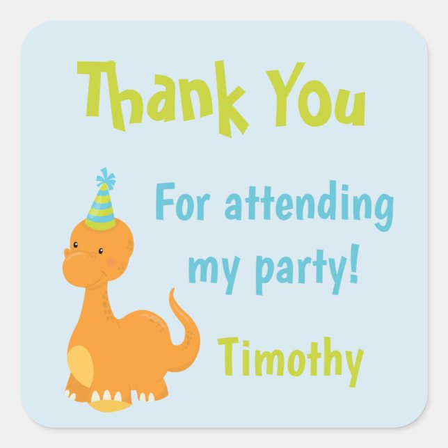 Thank You Dinosaur Party Favours Square Sticker (Front)