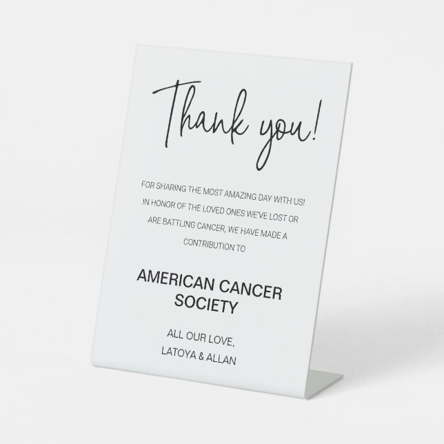 Thank You Donation To Charity Wedding Pedestal Sign (Front)