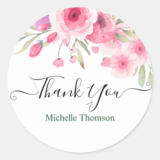 Thank you editable pink floral illustration classic round sticker (Front)