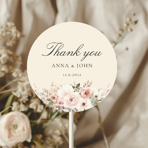 Thank you! Elegant, beige, pastel, flower, wedding Classic Round Sticker