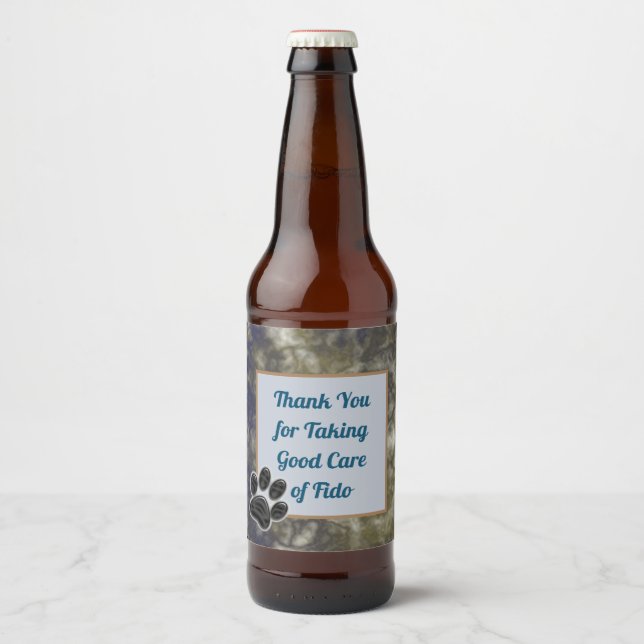 Thank You Elegant Blue Gold Pet Sitter Dog Walker Beer Bottle Label (Front)