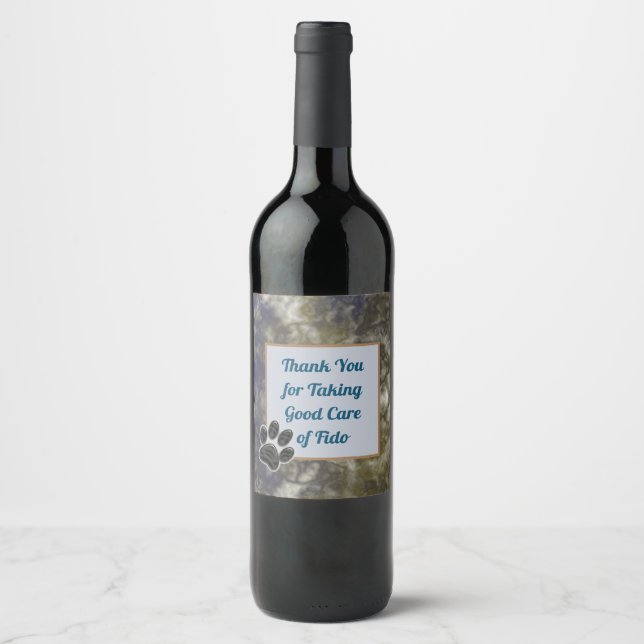Thank You Elegant Blue Gold Pet Sitter Dog Walker Wine Label (Front)