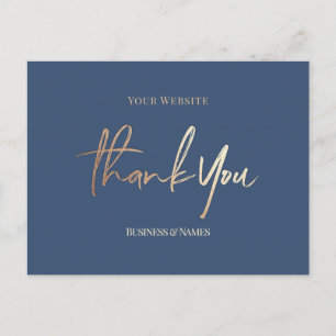 Thank You Elegant Faux Gold Foil Navy Business Postcard