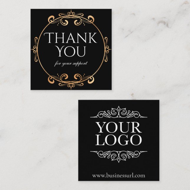 Thank You Elegant Gold Foil Swirls Classic Black Square Business Card (Front/Back)
