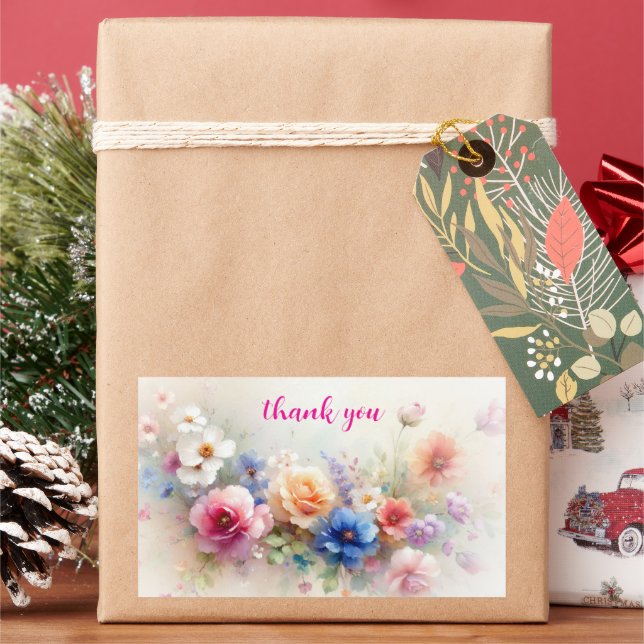 Thank You Elegant Modern Aquarell Flowers Art Rectangular Sticker (Holiday)