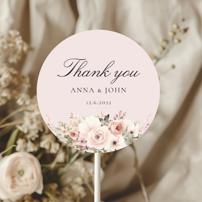 Thank you! Elegant, pink, pastel, flower, wedding Classic Round Sticker (Creator Uploaded)