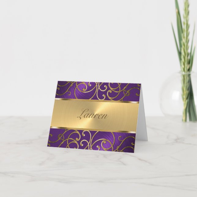 Thank You Elegant Purple and Gold Filigree Note Card (Front)