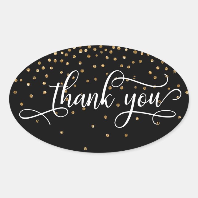 Thank You Elegant Script, Gold Confetti on Black Oval Sticker (Front)