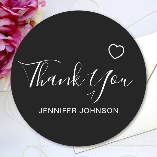Thank You Elegant Script Text Name Heart Black Classic Round Sticker (Creator Uploaded)