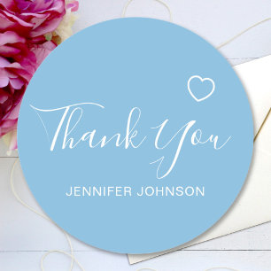 Thank You Elegant Script Text Name Heart Blue Classic Round Sticker