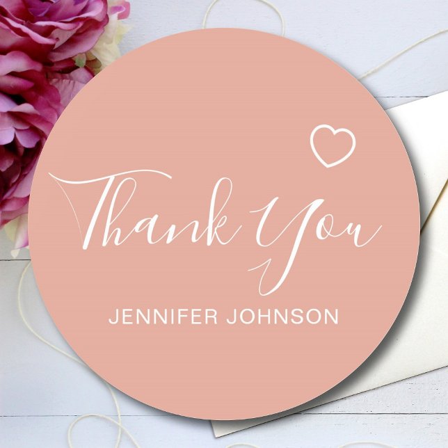 Thank You Elegant Script Text Name Heart Pink Classic Round Sticker (Creator Uploaded)