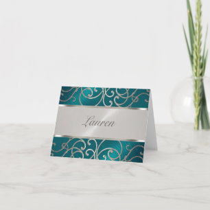 Thank You Elegant Teal Blue and Silver Filigree Note Card