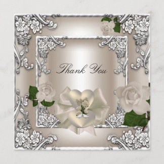 Thank You Elegant Wedding Cream Rose Silver White Card