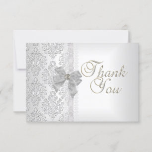 Thank You Elegant Wedding Damask White Silver Bow Card