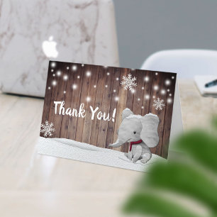 Thank You Elephant Boy Rustic Winter Snowflakes Card