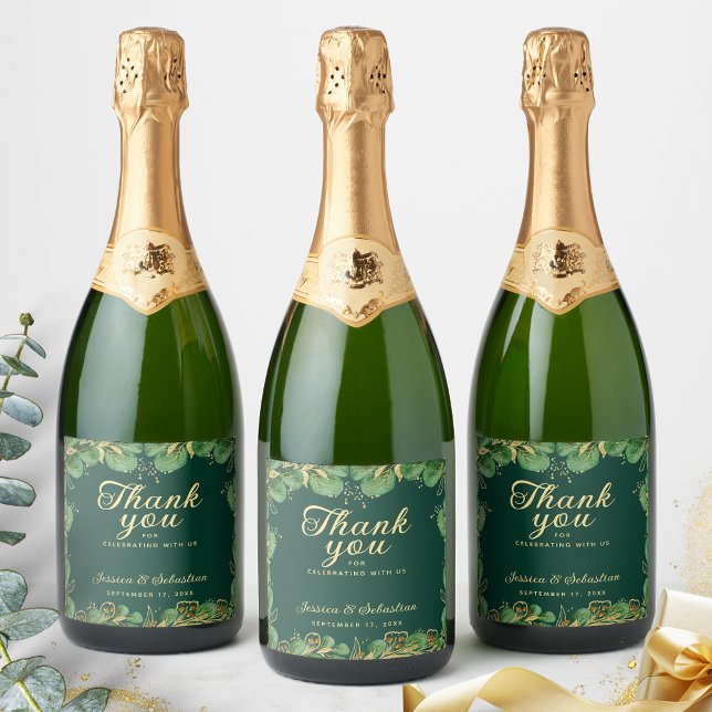 Thank You Emerald Green Gold Eucalyptus Wedding Sparkling Wine Label (Creator Uploaded)