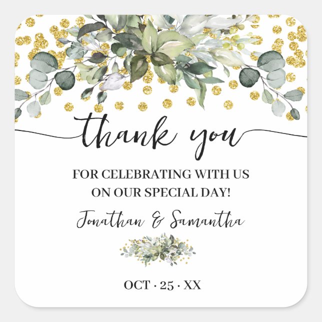 Thank You Eucalyptus Gold Wedding Square Sticker (Front)