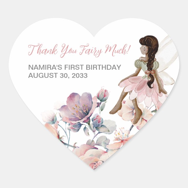Thank you Fairy Much Garden Party Birthday Favour Heart Sticker (Front)