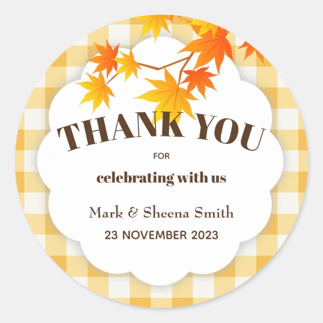 Thank You Fall Autumn Gingham Maple Thanksgiving Classic Round Sticker (Front)
