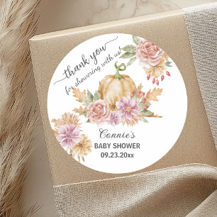 Thank you Fall Floral Little Pumpkin Baby Shower Classic Round Sticker