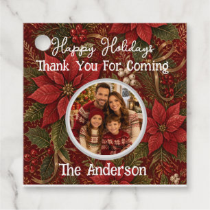 Thank You Family Photo Floral Crimson Christmas Favour Tags