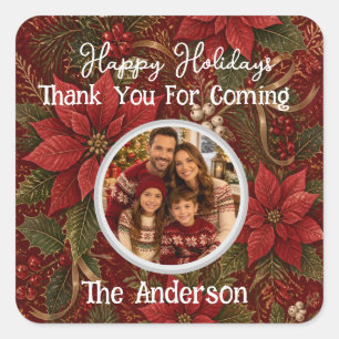 Thank You Family Photo Floral Crimson Christmas Square Sticker