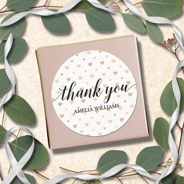 Thank You Faux Glitter Hearts Classic Round Sticker (Thank You on gold faux glitter hearts 3" round stickers)