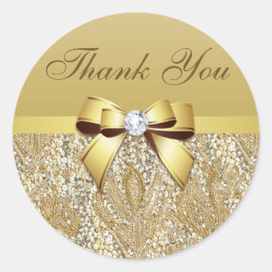 Thank You Faux Gold Sequins Bow Diamond Classic Round Sticker