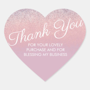 Thank You Faux Pink and Purple Sparkly Glitter   Heart Sticker