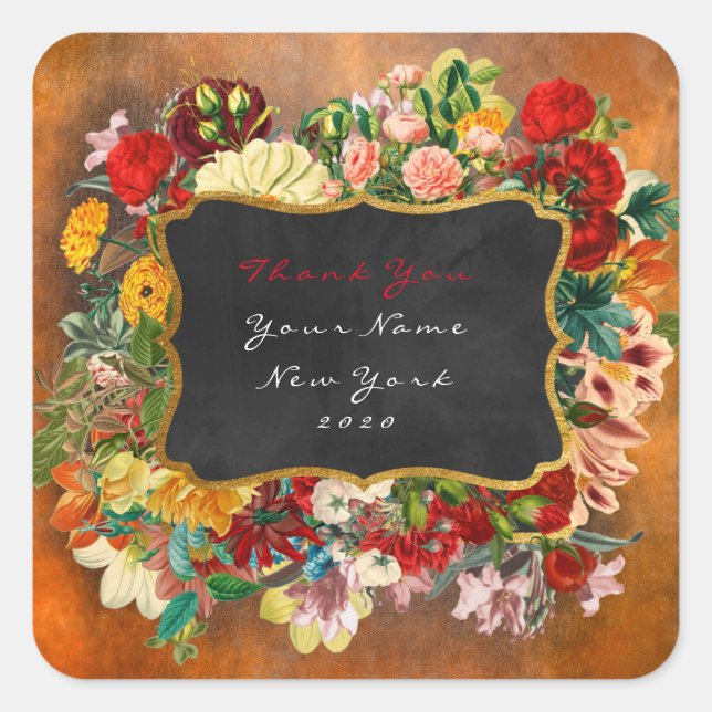 Thank You Favour Gold  Green Roses Floral Grunge Square Sticker (Front)