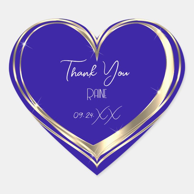 Thank You Favour Gold Heart Bridal Wedding Blue Sticker (Front)