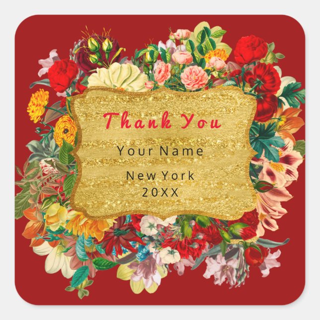 Thank You Favour Golden Frame  Roses Floral Burgun Square Sticker (Front)