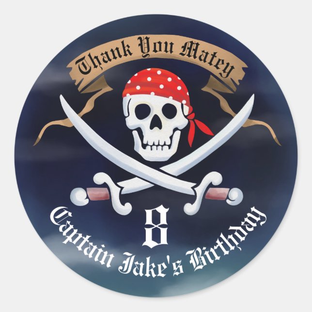 Thank You Favour Jolly Roger Pirate Classic Round Sticker (Front)