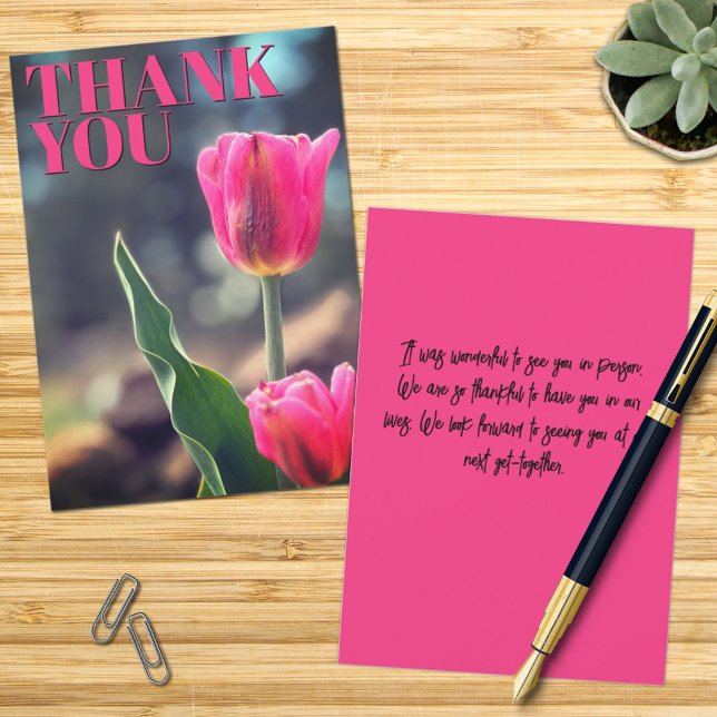 Thank You Flat Card Pink Tulip Photo Custom (front back thank you card)
