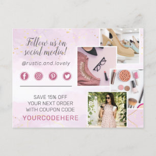 Thank You Floral Antlers Pink Gold Marble 4-Photo Postcard