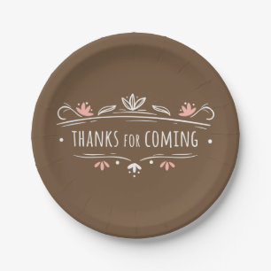 Thank You Floral Brown, White & Pink Wedding Party Paper Plate