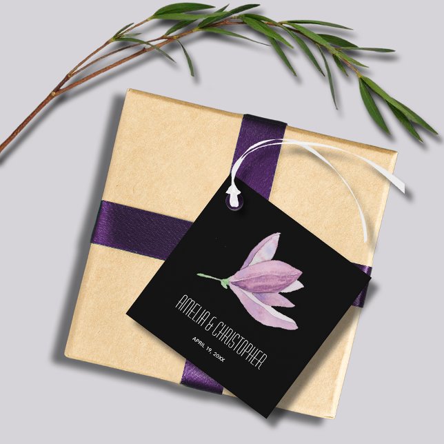 Thank You Floral Favour Tags (Purple Magnolia Floral Watercolor Square Wedding Favor Tags)