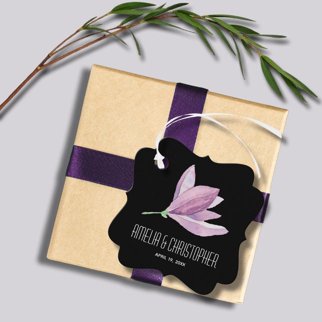 Thank You Floral Favour Tags (Purple Magnolia Floral Watercolor Bracket Shape Wedding Favor Tags)