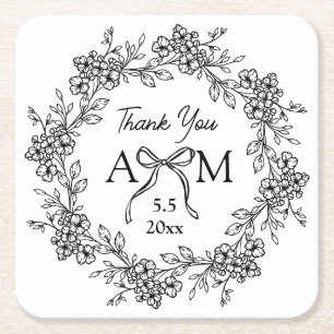 thank you floral monogram wedding black & white square paper coaster