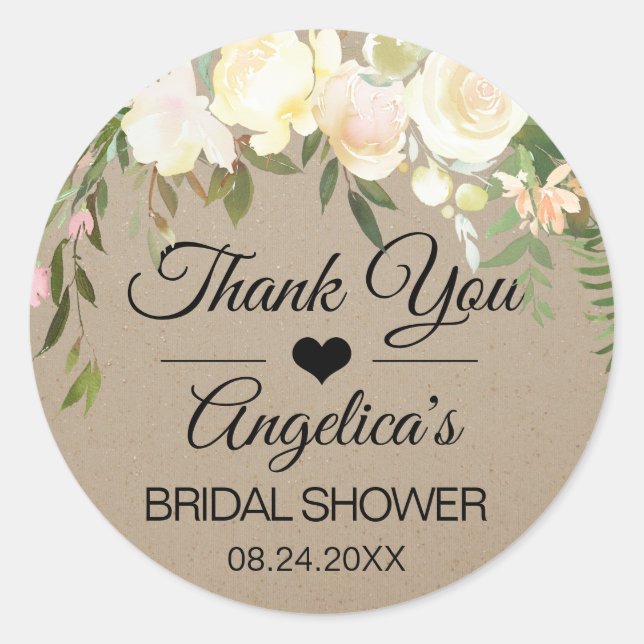 Thank you Floral Pink Ivory Craft Wedding Bridal Classic Round Sticker (Front)