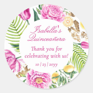 Thank You Floral Pink Peonies Lemons Quinceañera  Classic Round Sticker