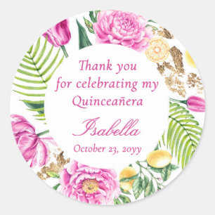 Thank You Floral Pink Peonies Lemons Quinceañera  Classic Round Sticker