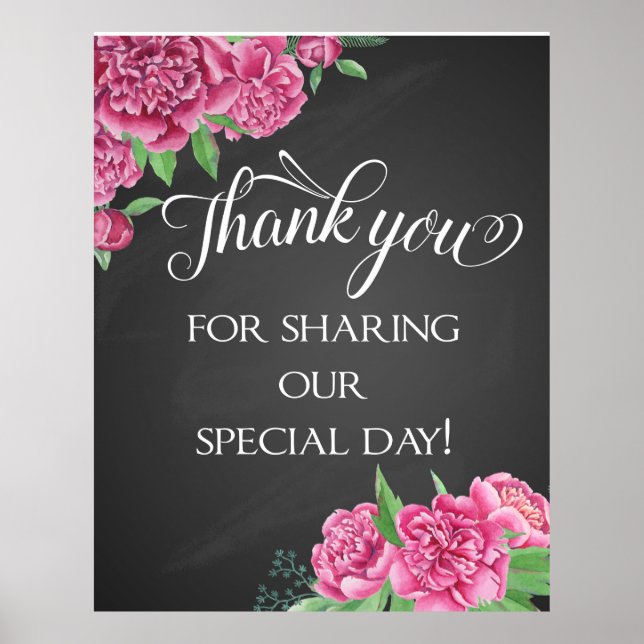 Thank you floral pink peony wedding chalkboard poster (Front)