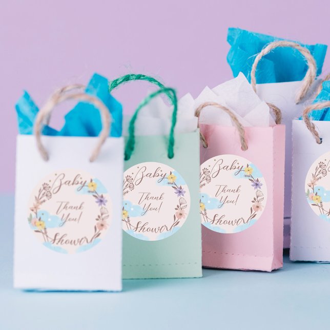 Thank You flower wreath Cloud & Stars Classic Round Sticker (Thank You flower wreath Cloud & Stars Classic Round Sticker)